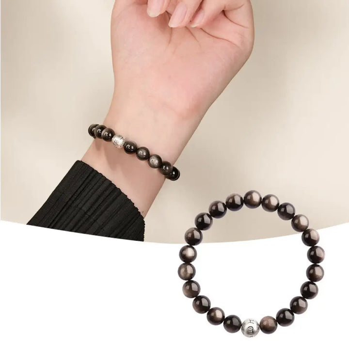 Buddha Stones Natural Silver Sheen Obsidian Om Mani Padme Hum Protection Bracelet - BWOOOH - 8mm - Bracelet