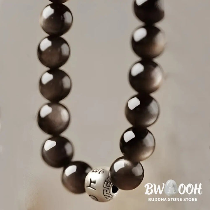 Buddha Stones Natural Silver Sheen Obsidian Om Mani Padme Hum Protection Bracelet - BWOOOH - Bracelet