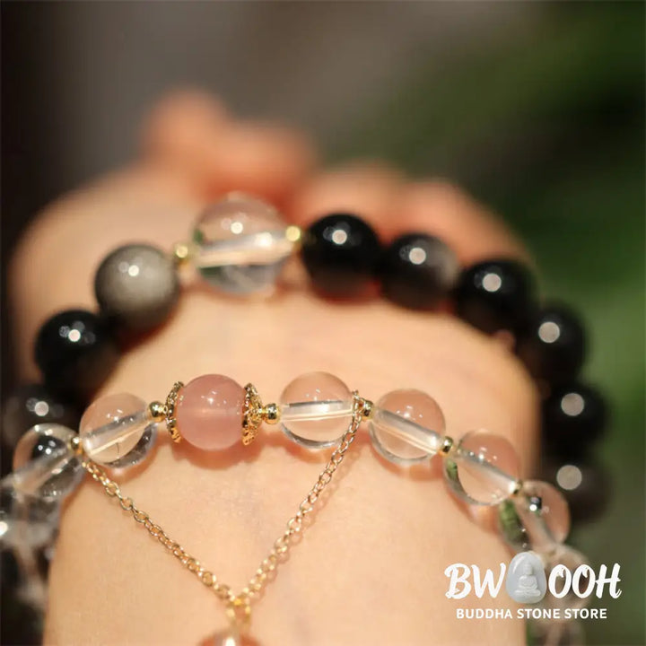 Buddha Stones Natural Silver Sheen Obsidian Pink Crystal White Crystal Protection Yin Yang Color Couple Bracelet