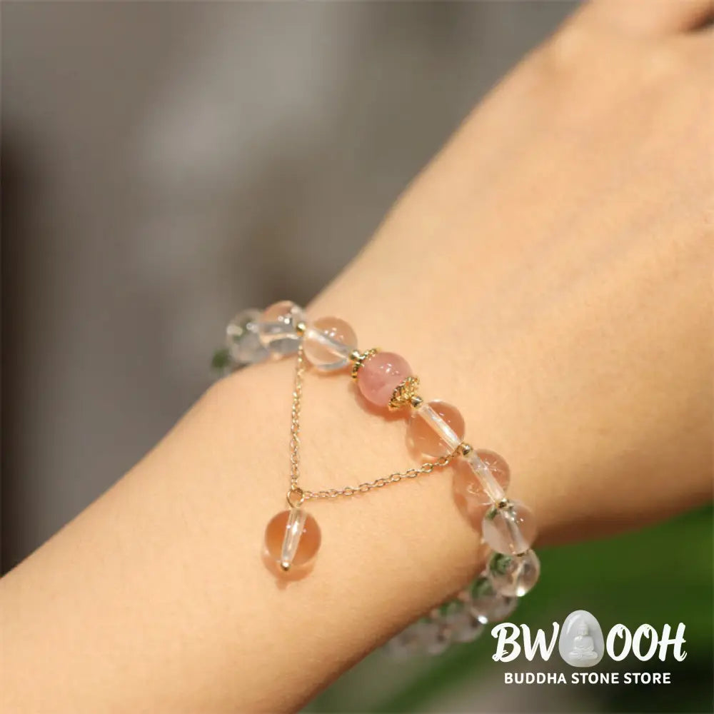 Buddha Stones Natural Silver Sheen Obsidian Pink Crystal White Crystal Protection Yin Yang Color Couple Bracelet