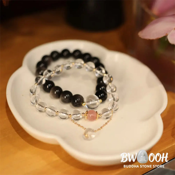 Buddha Stones Natural Silver Sheen Obsidian Pink Crystal White Crystal Protection Yin Yang Color Couple Bracelet
