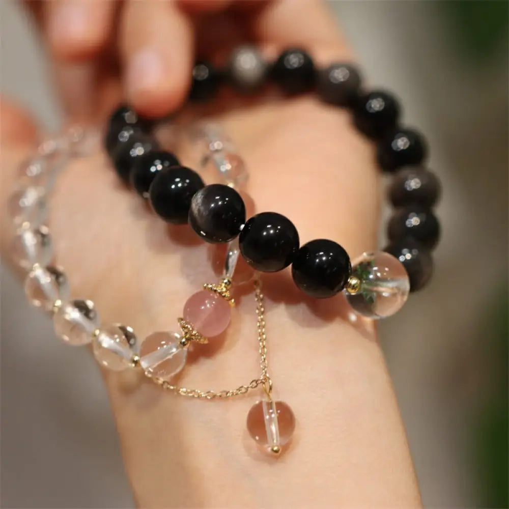 BWOOOH Natural Silver Sheen Obsidian Pink Crystal White Crystal Protection Yin Yang Color Couple Bracelet