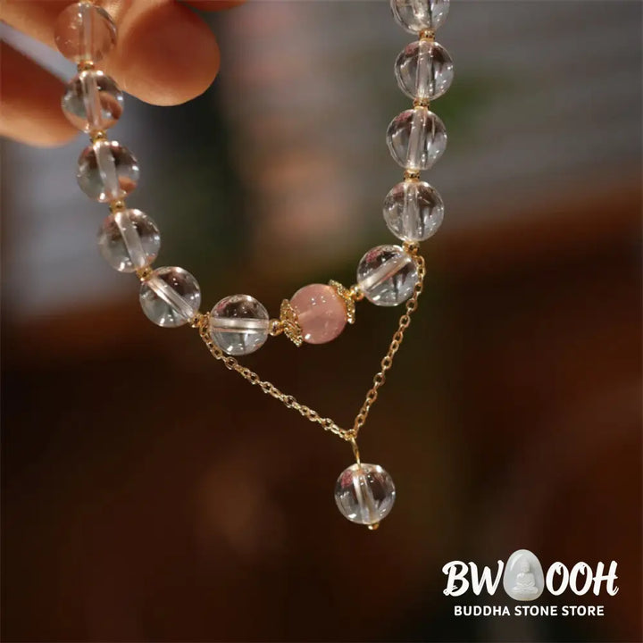 Buddha Stones Natural Silver Sheen Obsidian Pink Crystal White Crystal Protection Yin Yang Color Couple Bracelet