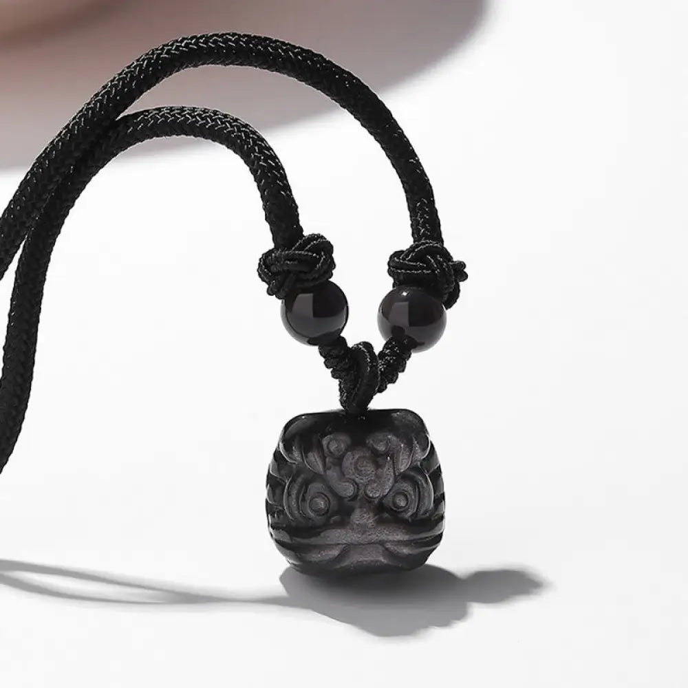 Buddha Stones Natural Silver Sheen Obsidian Red Agate Dancing Lion Protection Necklace Pendant - BWOOOH - Silver Sheen