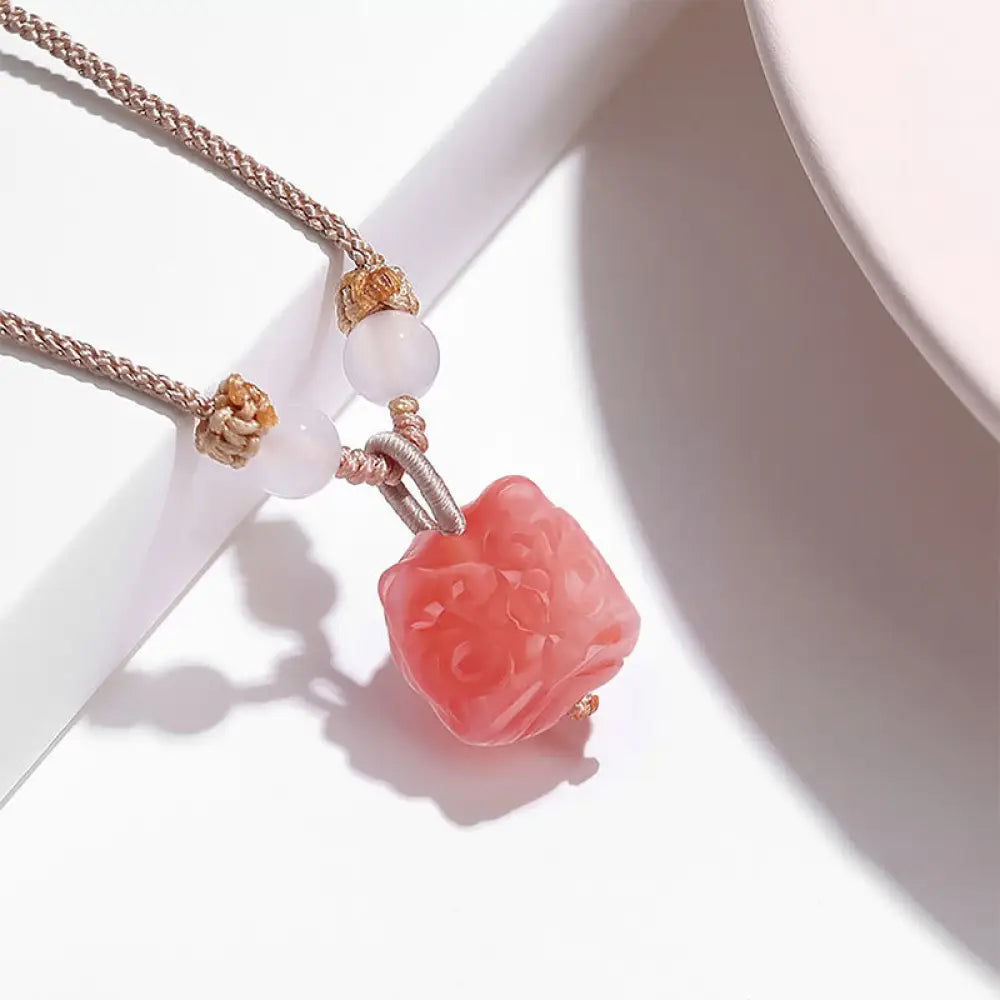 Buddha Stones Natural Silver Sheen Obsidian Red Agate Dancing Lion Protection Necklace Pendant - BWOOOH - Red