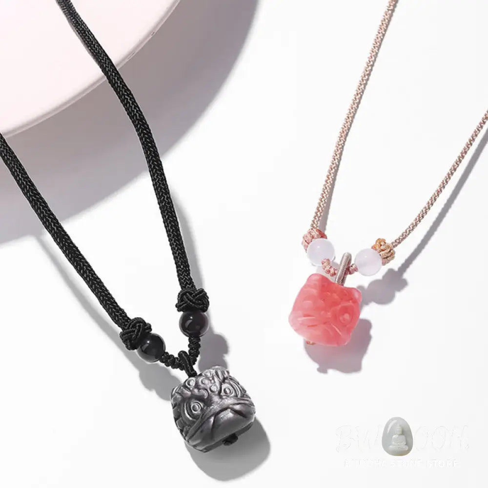 Buddha Stones Natural Silver Sheen Obsidian Red Agate Dancing Lion Protection Necklace Pendant - BWOOOH - Necklaces &amp;