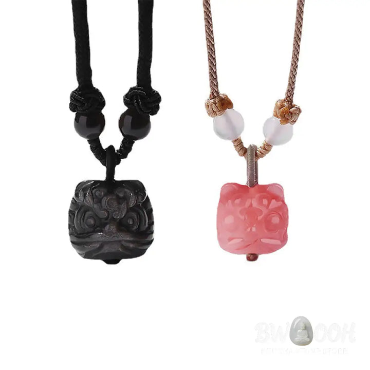 Buddha Stones Natural Silver Sheen Obsidian Red Agate Dancing Lion Protection Necklace Pendant - BWOOOH - Necklaces &amp;