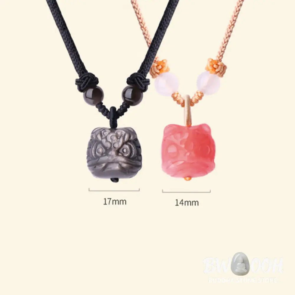 Buddha Stones Natural Silver Sheen Obsidian Red Agate Dancing Lion Protection Necklace Pendant - BWOOOH - Necklaces &amp;