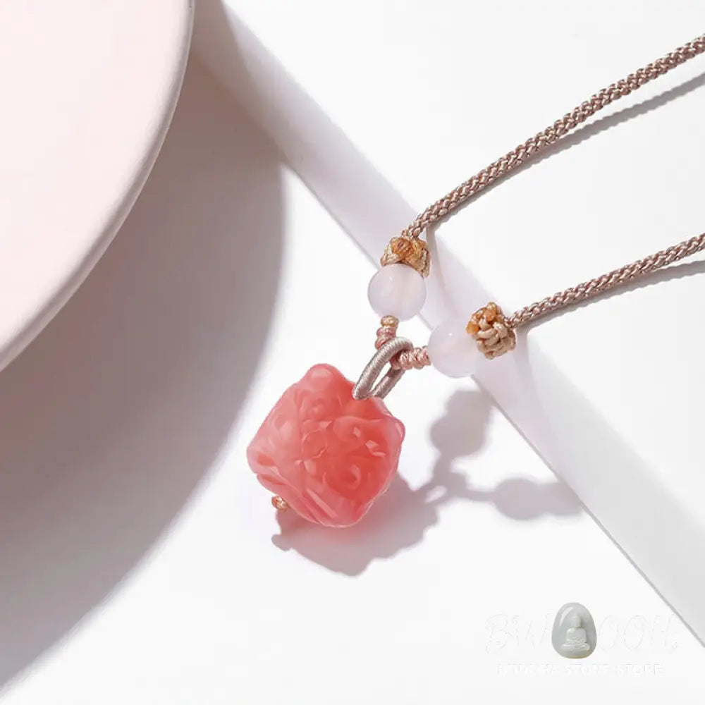 Buddha Stones Natural Silver Sheen Obsidian Red Agate Dancing Lion Protection Necklace Pendant - BWOOOH - Necklaces &amp;