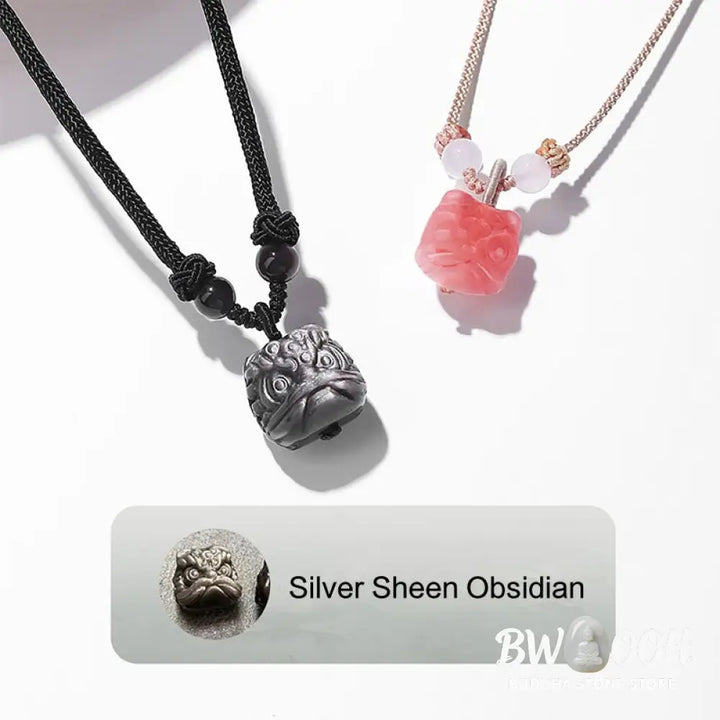Buddha Stones Natural Silver Sheen Obsidian Red Agate Dancing Lion Protection Necklace Pendant - BWOOOH - Necklaces &amp;