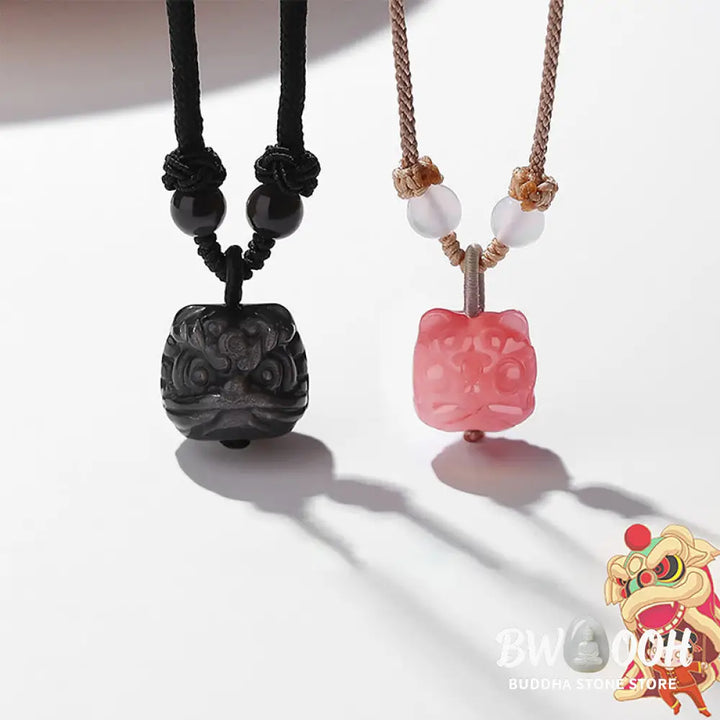 Buddha Stones Natural Silver Sheen Obsidian Red Agate Dancing Lion Protection Necklace Pendant - BWOOOH - Necklaces &amp;