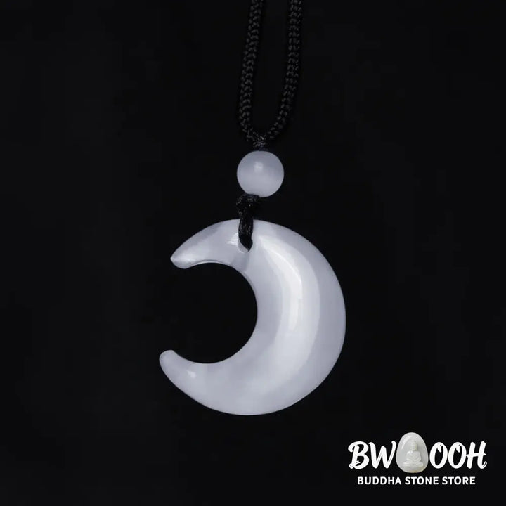 Buddha Stones Natural Silver Sheen Obsidian Selenite Crystal Crescent Moon Yin Yang Couple Protection Necklace Pendant