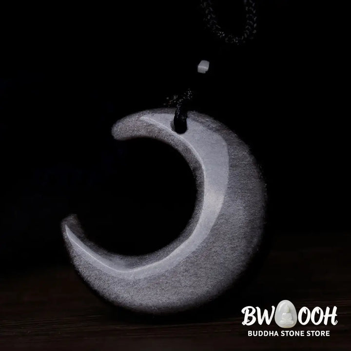 Buddha Stones Natural Silver Sheen Obsidian Selenite Crystal Crescent Moon Yin Yang Couple Protection Necklace Pendant