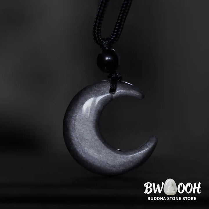 Buddha Stones Natural Silver Sheen Obsidian Selenite Crystal Crescent Moon Yin Yang Couple Protection Necklace Pendant