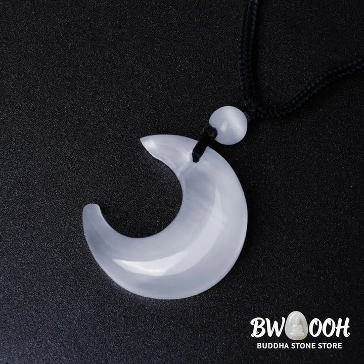 Buddha Stones Natural Silver Sheen Obsidian Selenite Crystal Crescent Moon Yin Yang Couple Protection Necklace Pendant