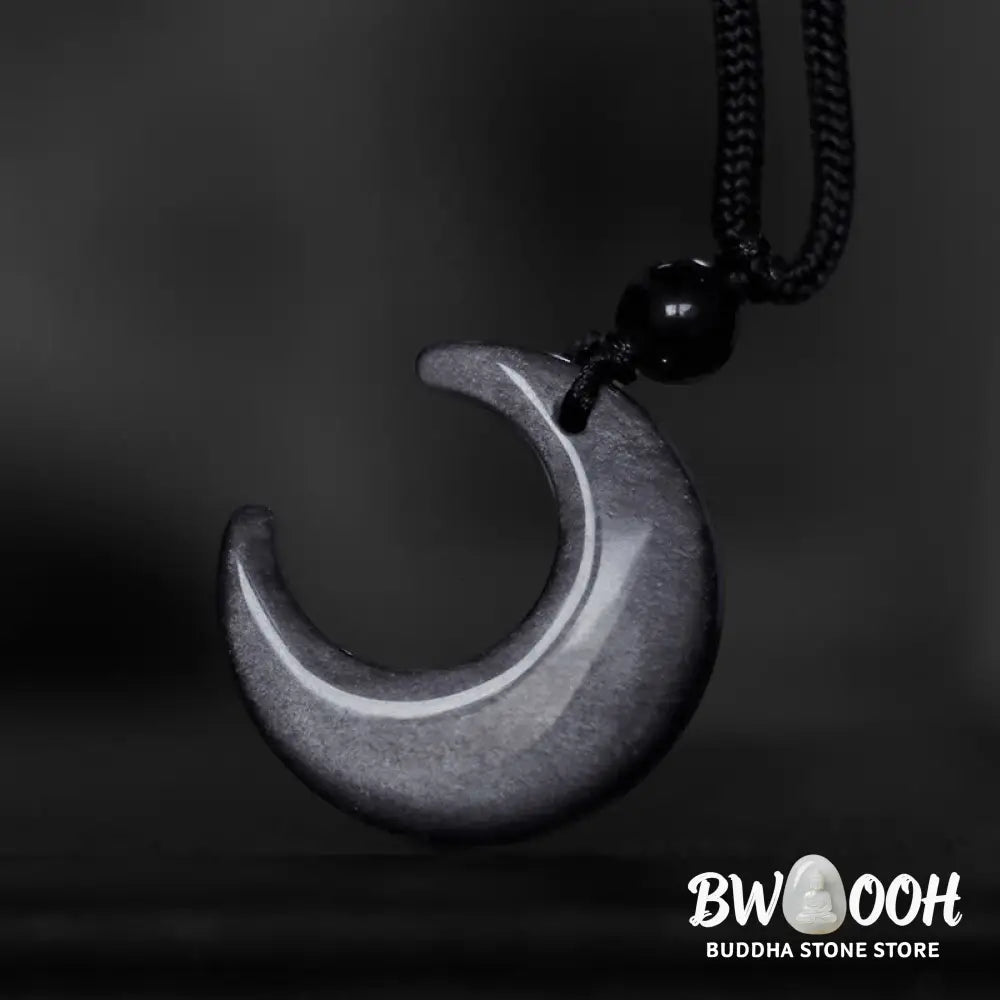 Buddha Stones Natural Silver Sheen Obsidian Selenite Crystal Crescent Moon Yin Yang Couple Protection Necklace Pendant