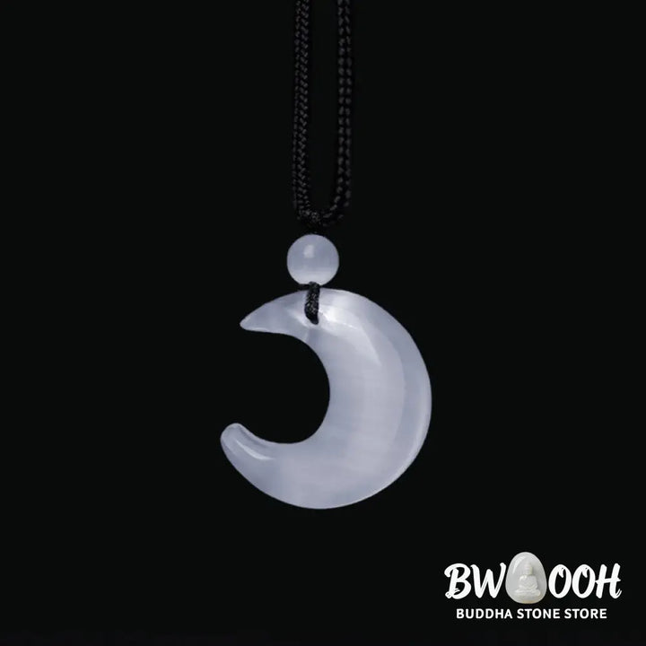 Buddha Stones Natural Silver Sheen Obsidian Selenite Crystal Crescent Moon Yin Yang Couple Protection Necklace Pendant