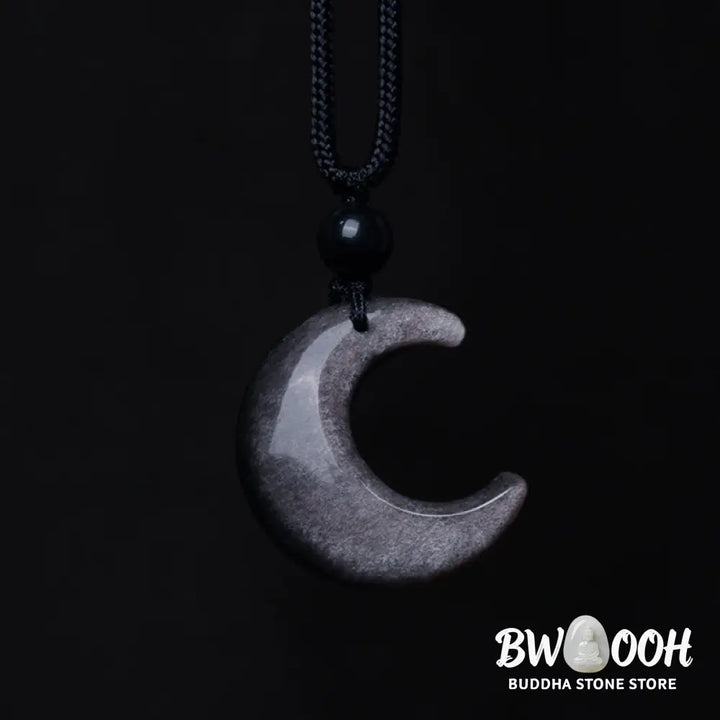Buddha Stones Natural Silver Sheen Obsidian Selenite Crystal Crescent Moon Yin Yang Couple Protection Necklace Pendant