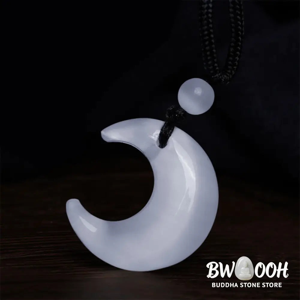 Buddha Stones Natural Silver Sheen Obsidian Selenite Crystal Crescent Moon Yin Yang Couple Protection Necklace Pendant