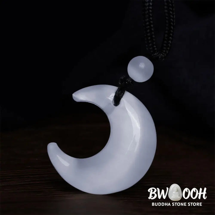 Buddha Stones Natural Silver Sheen Obsidian Selenite Crystal Crescent Moon Yin Yang Couple Protection Necklace Pendant