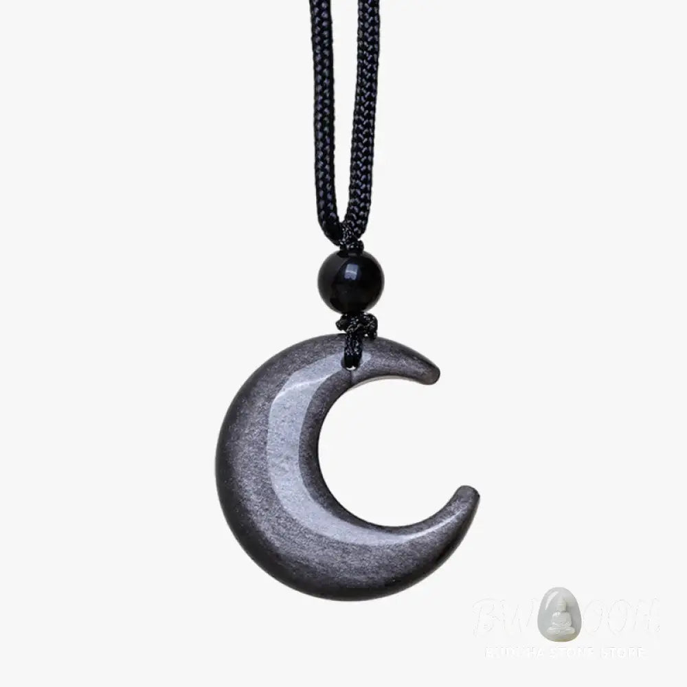 Buddha Stones Natural Silver Sheen Obsidian Selenite Crystal Crescent Moon Yin Yang Couple Protection Necklace Pendant