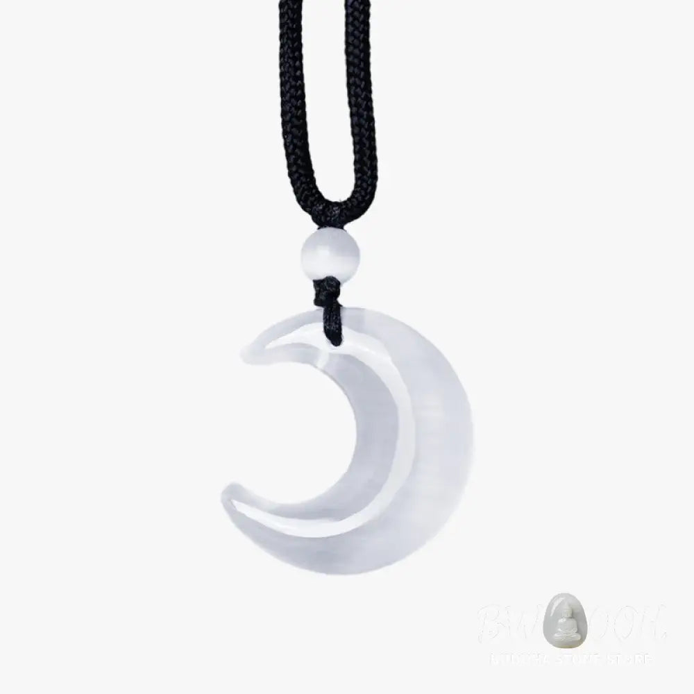 Buddha Stones Natural Silver Sheen Obsidian Selenite Crystal Crescent Moon Yin Yang Couple Protection Necklace Pendant