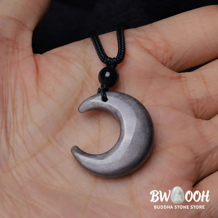 Buddha Stones Natural Silver Sheen Obsidian Selenite Crystal Crescent Moon Yin Yang Couple Protection Necklace Pendant