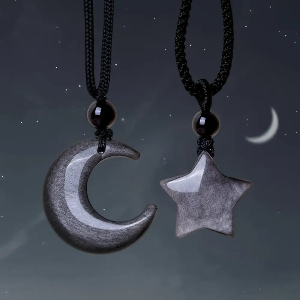 Buddha Stones Natural Silver Sheen Obsidian Star Crescent Moon Protection Necklace Pendant - BWOOOH - Couple(Star&amp;Moon)