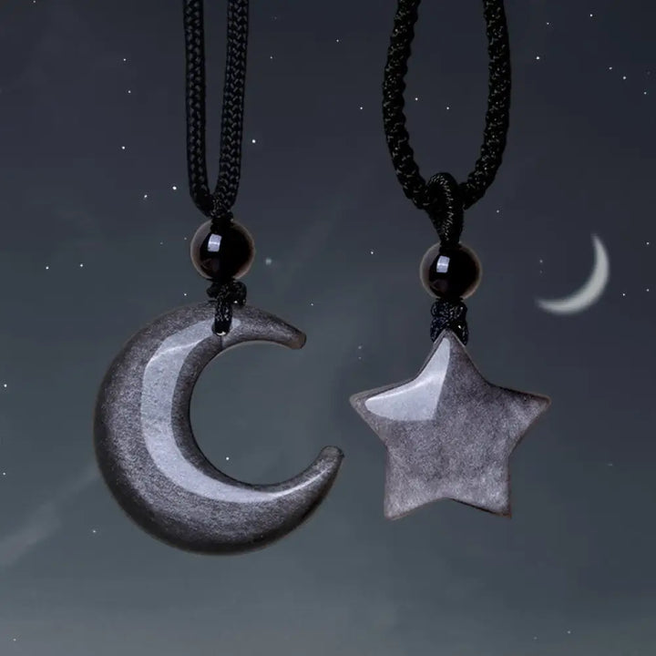 Buddha Stones Natural Silver Sheen Obsidian Star Crescent Moon Protection Necklace Pendant - BWOOOH - Couple(Star&amp;Moon)