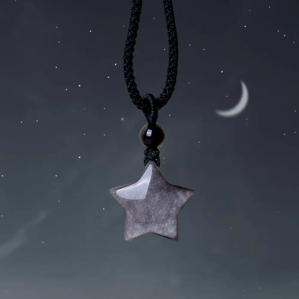 BWOOOH natural silver sheen obsidian star crescent moon protection necklace pendant volcanic stone spiritual jewelry