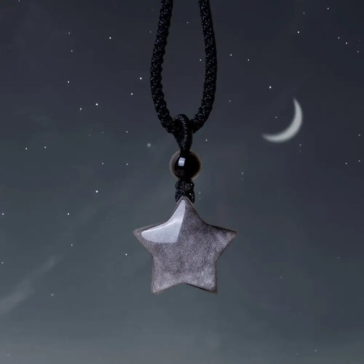 BWOOOH natural silver sheen obsidian star crescent moon protection necklace pendant volcanic stone spiritual jewelry