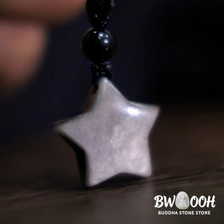 Buddha Stones Natural Silver Sheen Obsidian Star Crescent Moon Protection Necklace Pendant - BWOOOH - Necklaces &amp;