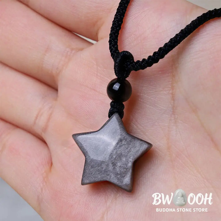 Buddha Stones Natural Silver Sheen Obsidian Star Crescent Moon Protection Necklace Pendant - BWOOOH - Necklaces &amp;