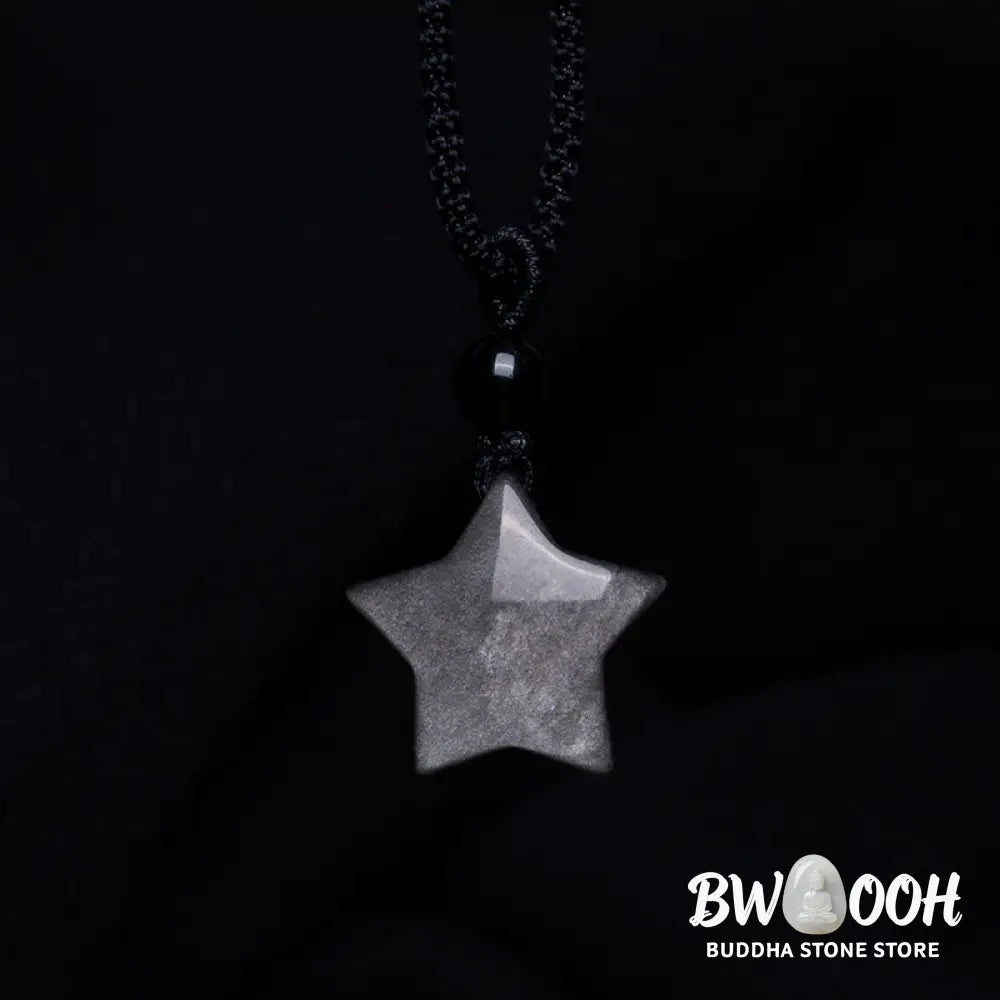 Buddha Stones Natural Silver Sheen Obsidian Star Crescent Moon Protection Necklace Pendant - BWOOOH - Necklaces &amp;