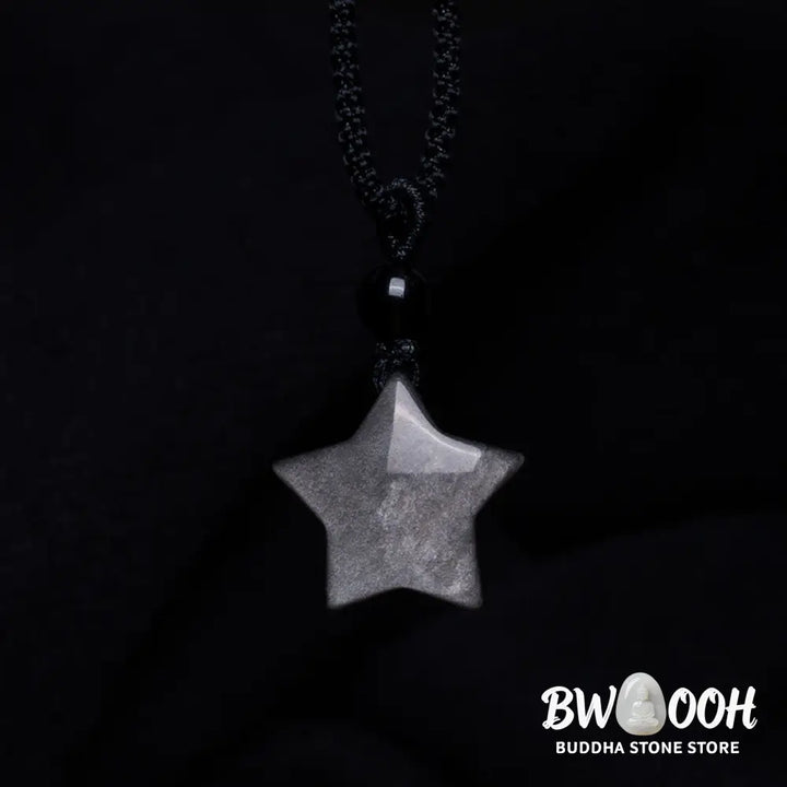 Buddha Stones Natural Silver Sheen Obsidian Star Crescent Moon Protection Necklace Pendant - BWOOOH - Necklaces &amp;