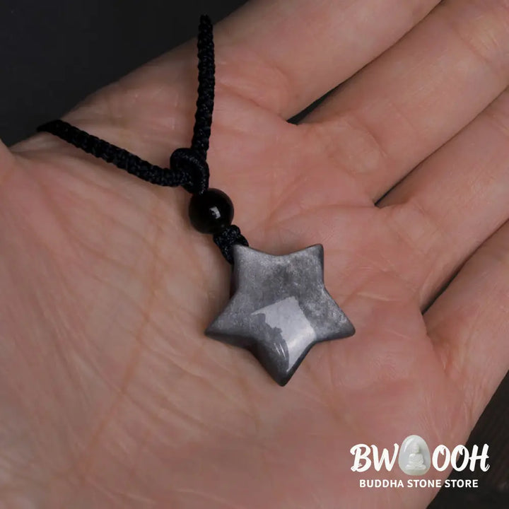 Buddha Stones Natural Silver Sheen Obsidian Star Crescent Moon Protection Necklace Pendant - BWOOOH - Necklaces &amp;
