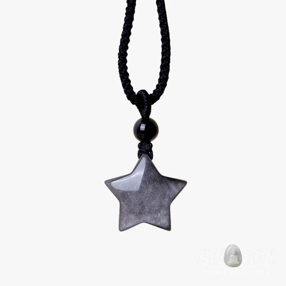 Buddha Stones Natural Silver Sheen Obsidian Star Crescent Moon Protection Necklace Pendant - BWOOOH - Necklaces &amp;