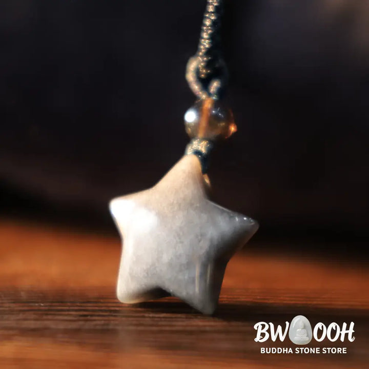 Buddha Stones Natural Silver Sheen Obsidian Star Crescent Moon Protection Necklace Pendant - BWOOOH - Necklaces &amp;