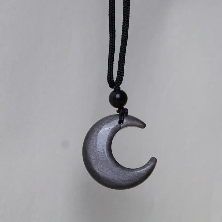 Buddha Stones Natural Silver Sheen Obsidian Star Crescent Moon Protection Necklace Pendant - BWOOOH - Moon - Necklaces