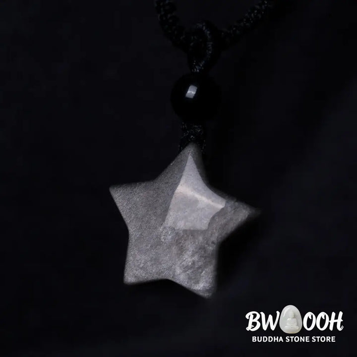 Buddha Stones Natural Silver Sheen Obsidian Star Crescent Moon Protection Necklace Pendant - BWOOOH - Necklaces &amp;