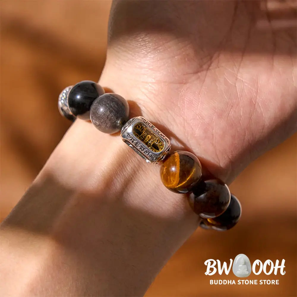 Buddha Stones Natural Silver Sheen Obsidian Tiger Eye Vajra Protection Bracelet - BWOOOH - Silver Sheen Obsidian &amp;