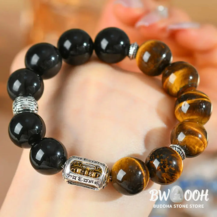 Buddha Stones Natural Silver Sheen Obsidian Tiger Eye Vajra Protection Bracelet - BWOOOH - Silver Sheen Obsidian &amp;