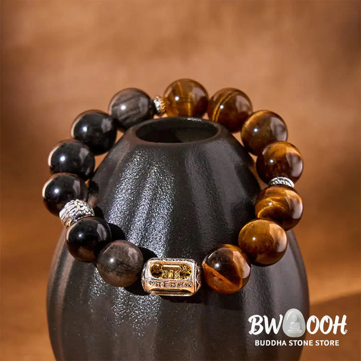 Buddha Stones Natural Silver Sheen Obsidian Tiger Eye Vajra Protection Bracelet - BWOOOH - Silver Sheen Obsidian &amp;