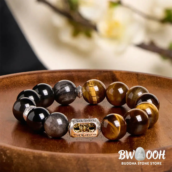 Buddha Stones Natural Silver Sheen Obsidian Tiger Eye Vajra Protection Bracelet - BWOOOH - Silver Sheen Obsidian &amp;