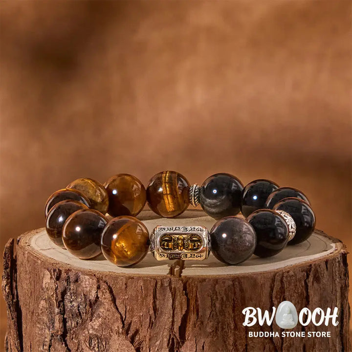 Buddha Stones Natural Silver Sheen Obsidian Tiger Eye Vajra Protection Bracelet - BWOOOH - Silver Sheen Obsidian &amp;