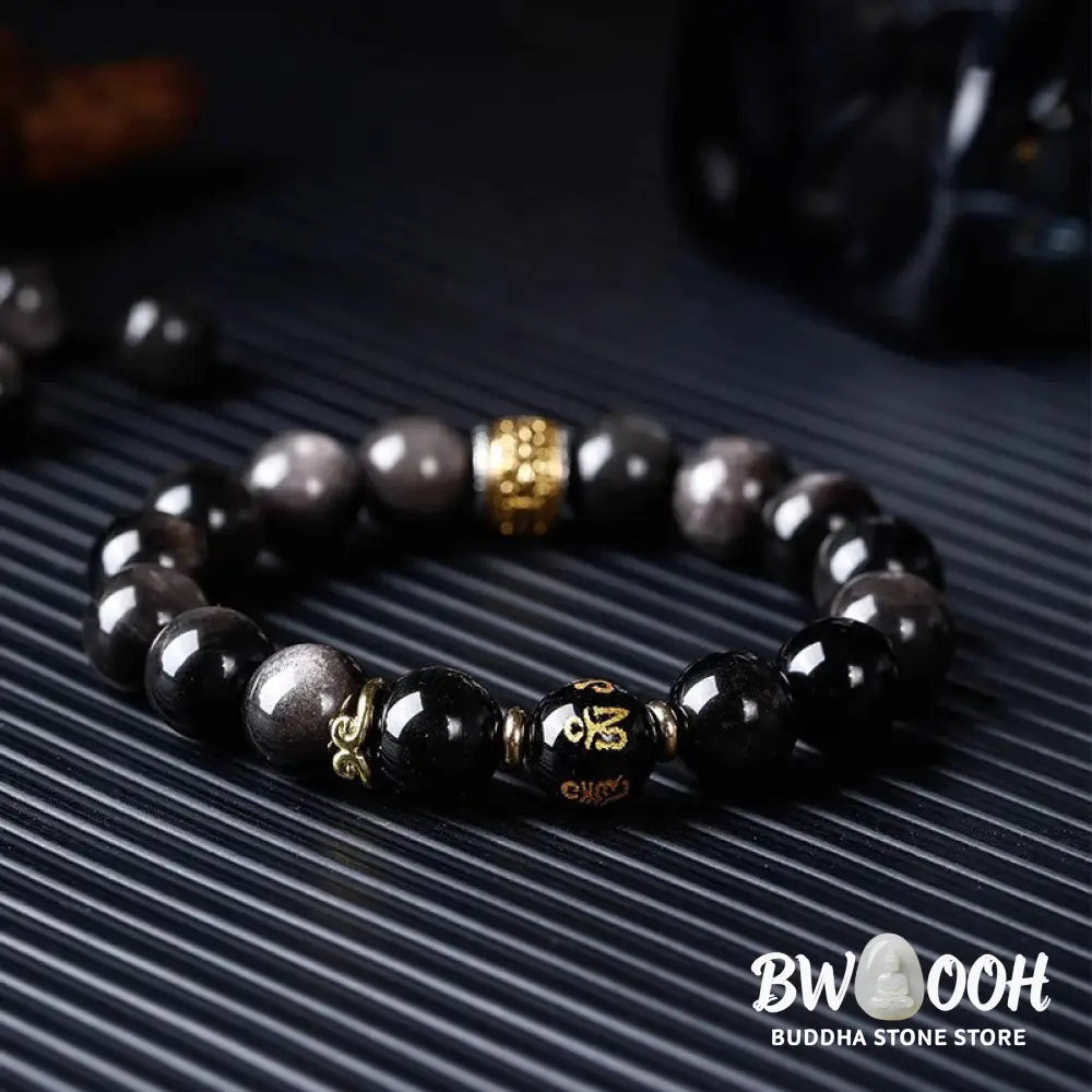 Buddha Stones Natural Silver Sheen Obsidian Tiger’s Eye Six True Words ’Om Mani Padme Hum’ Strength Bracelet - BWOOOH