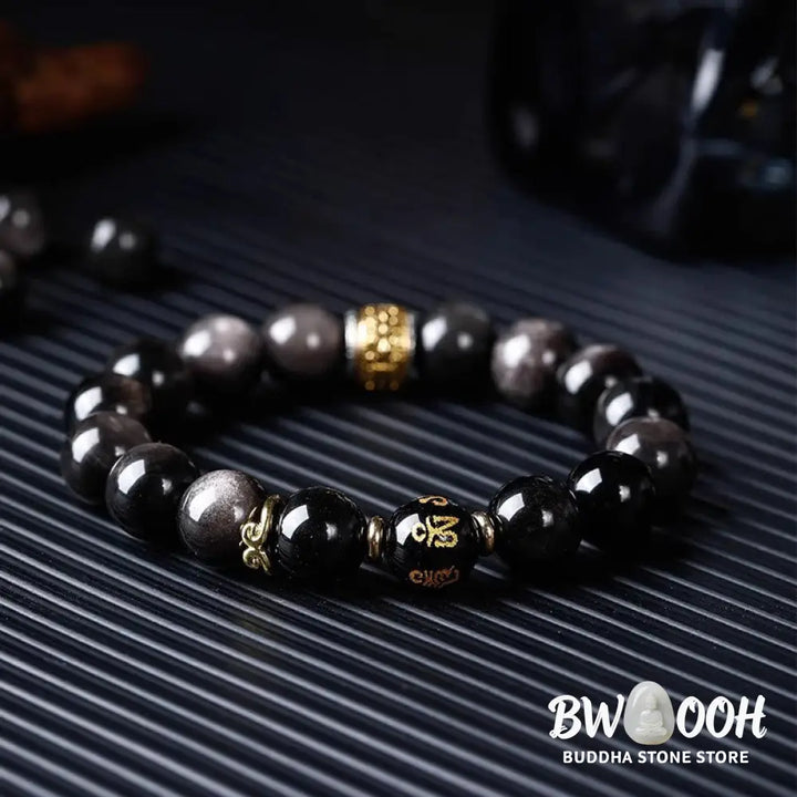 Buddha Stones Natural Silver Sheen Obsidian Tiger’s Eye Six True Words ’Om Mani Padme Hum’ Strength Bracelet - BWOOOH