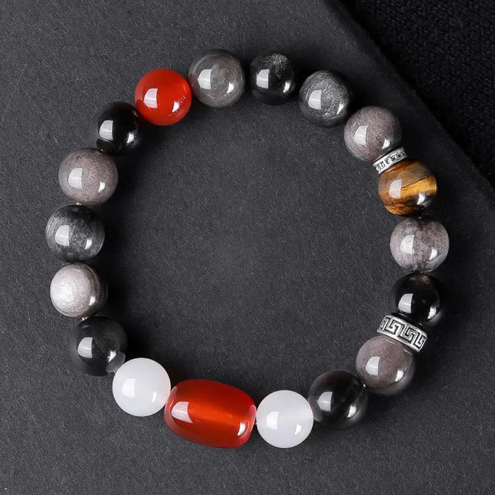 Buddha Stones Natural Silver Sheen Obsidian Tiger’s Eye Six True Words ’Om Mani Padme Hum’ Strength Bracelet - BWOOOH