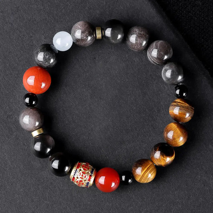 Buddha Stones Natural Silver Sheen Obsidian Tiger’s Eye Six True Words ’Om Mani Padme Hum’ Strength Bracelet - BWOOOH
