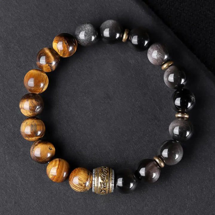 Buddha Stones Natural Silver Sheen Obsidian Tiger’s Eye Six True Words ’Om Mani Padme Hum’ Strength Bracelet - BWOOOH